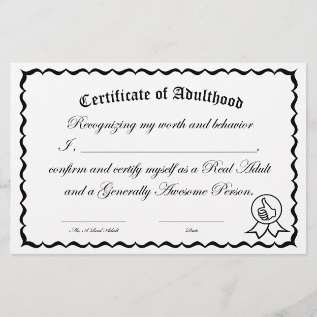 Self-Certification Certificate of Adulthood (Front)