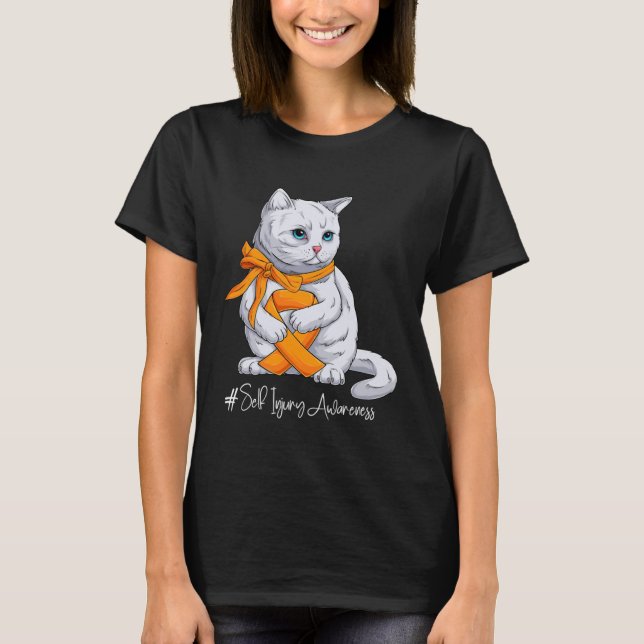 Self Injury Awareness Month Orange Ribbon Cat T-Shirt (Front)