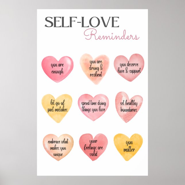 Self-Love Affirmations Pink Hearts Poster (Front)