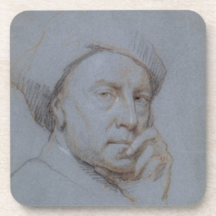 Self Portrait (black, red and white chalk on blue Coaster