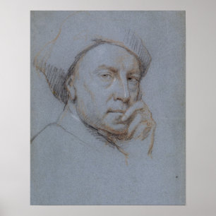 Self Portrait (black, red and white chalk on blue Poster