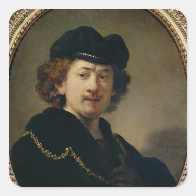 Self Portrait with Hat and Gold Chain, 1633 Square Sticker (Front)
