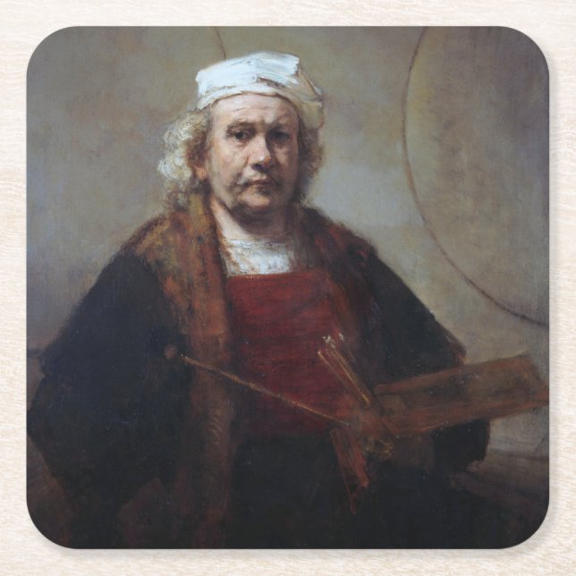 Self-Portrait with Two Circles, Rembrandt Square Paper Coaster (Front)