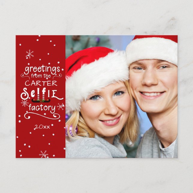 sELFie Greetings, Changeable Red Background Holiday Postcard (Front)