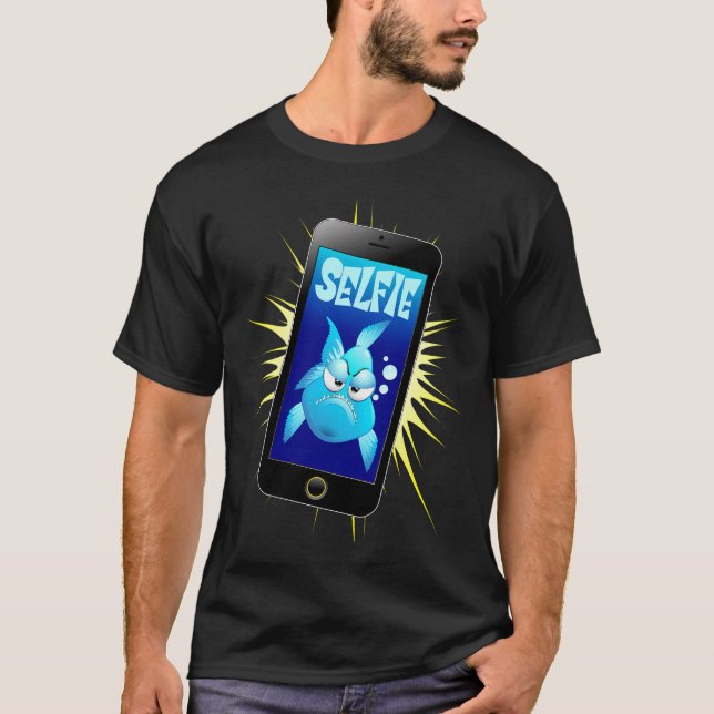 Selfie Grumpy Fish Cartoon on Smartphone T-Shirt (Front)