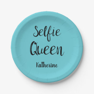 Selfie Queen Name Personalised Turquoise Teal Blue Paper Plate