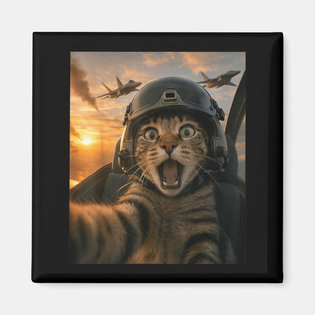 Selfie Squad Cat Funny Fighter Pilot Meme Aviation Magnet (Front)