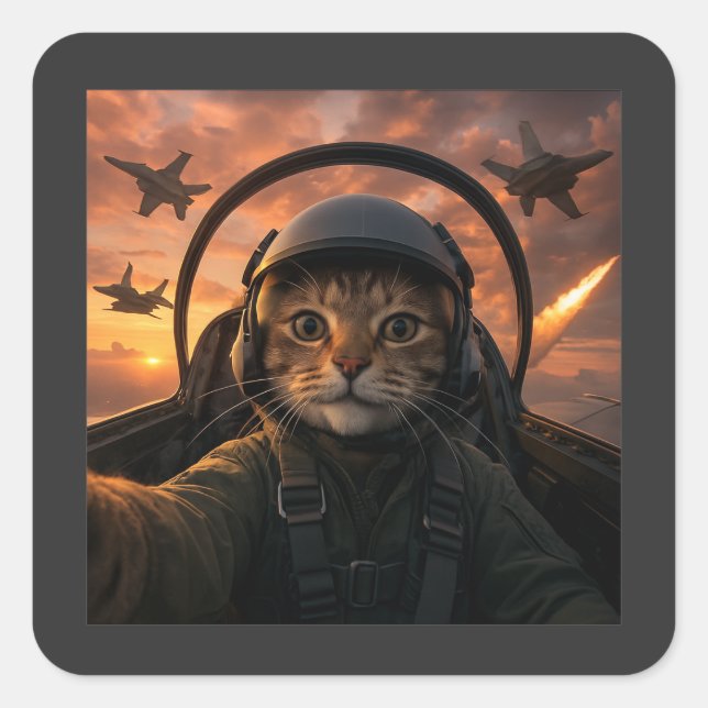 Selfie Squad Cat Funny Fighter Pilot Meme Cat Gen  Square Sticker (Front)