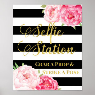 Selfie Station Sign Pink Floral Gold Black Stripes