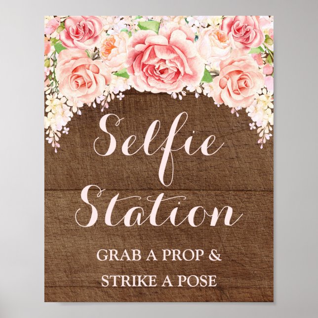 Selfie Station Wedding Sign Pink Watercolor Wood (Front)