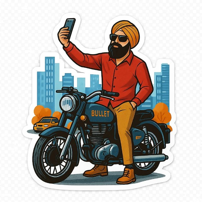 Selfie Swag on Bullet – Punjabi Rider Vibes Sticke T-Shirt (Creator Uploaded)