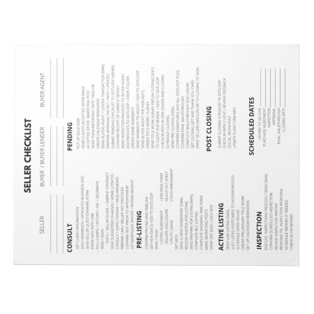 SELLER CHECKLIST FOR REALTORS NOTEPAD (Front)
