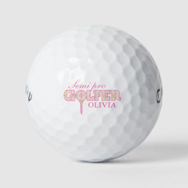 Semi pro golfer pink plaid personalised golf balls (Front)