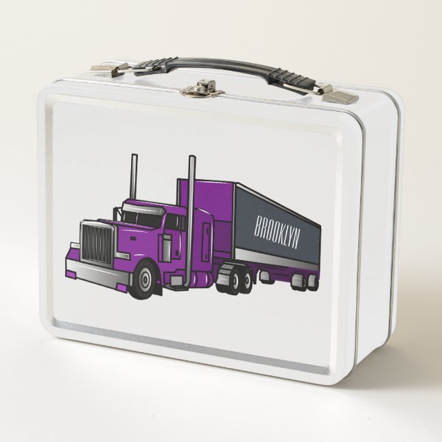 Semi-trailer truck cartoon illustration metal lunch box (Front)