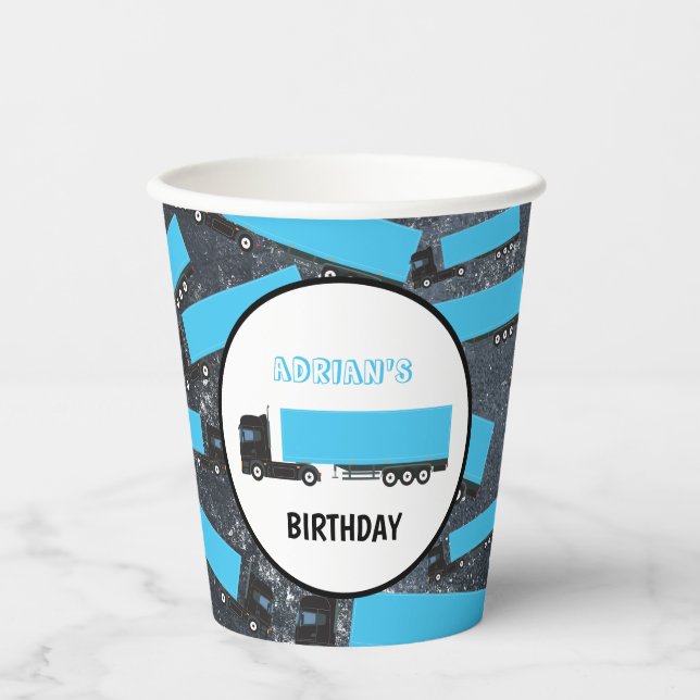Semi-Trailer Truck Transportation Trucks Birthday Paper Cups (Front)