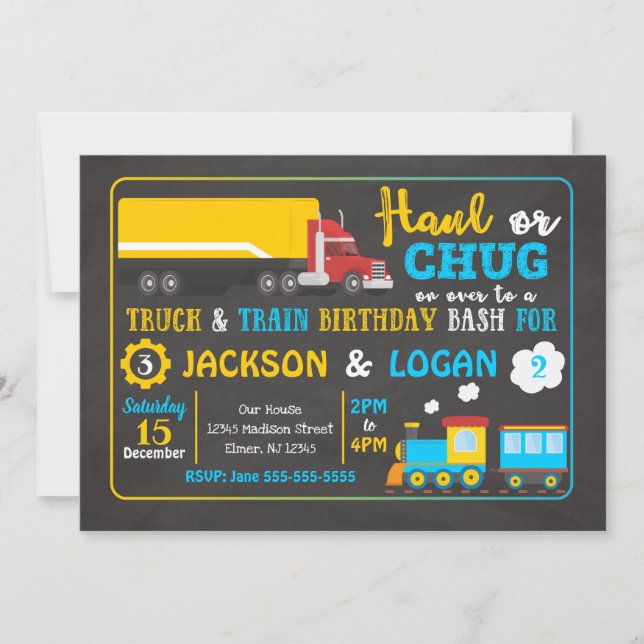 Semi Truck and Train Joint Birthday Invitation (Front)