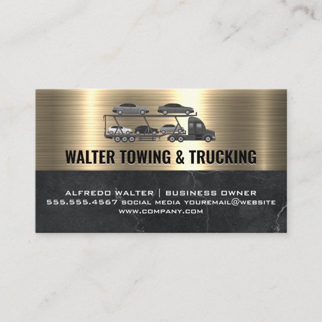 Semi Truck Hauling Cars | Metallic Gold Marble Business Card (Front)