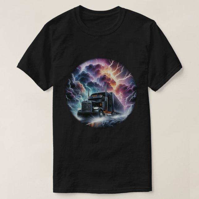 Semi Truck in a Vibrant Lightning Storm T-Shirt (Design Front)
