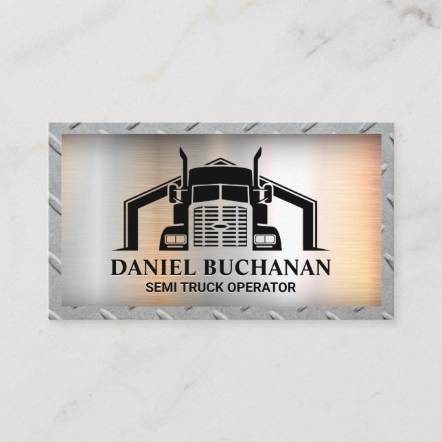 Semi Truck Logo | Metal Steel Background Business Card (Front)