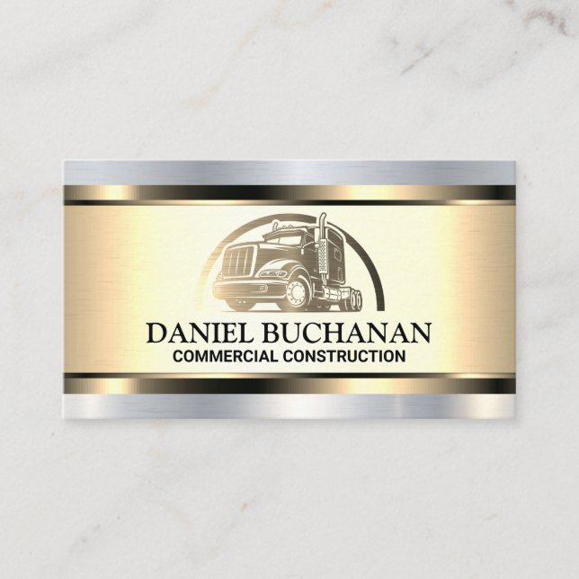 Semi Truck Metal Logo | Gold Metallic Brushed  Business Card (Front)
