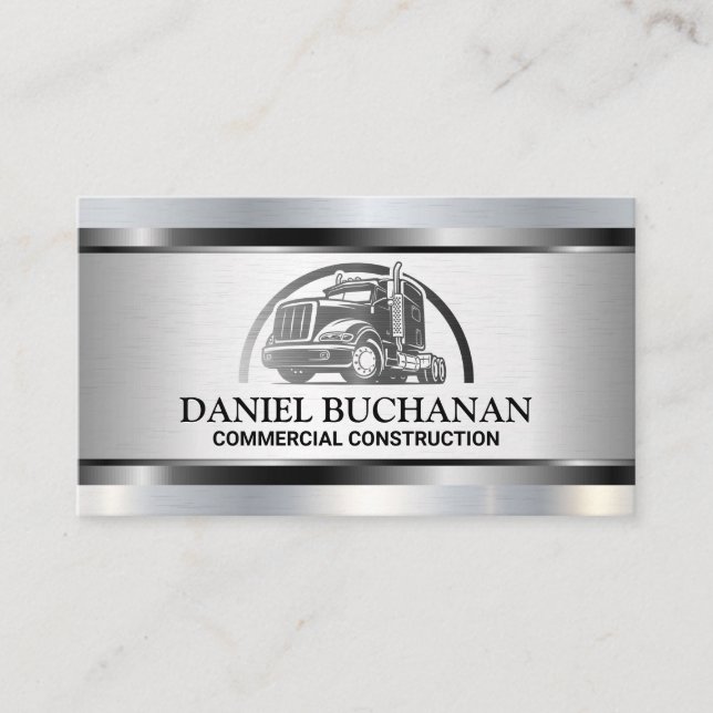 Semi Truck Metal Logo | Metallic Brushed Business Card (Front)