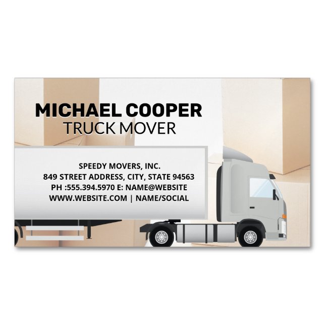 Semi Truck | Movers | Moving Boxes Magnetic Business Card (Front)