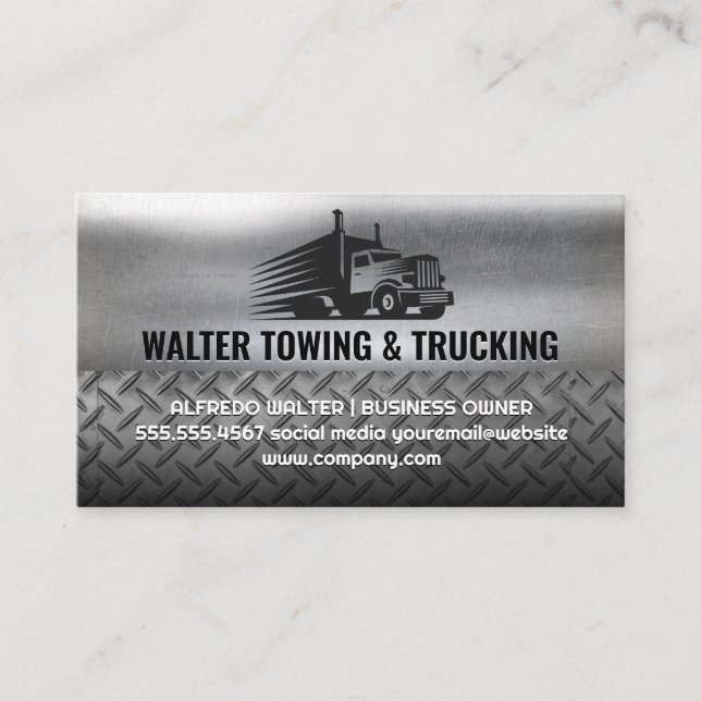 Semi Truck Moving Logo | Industrial Steel Metallic Business Card (Front)