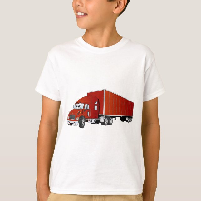 Semi Truck Red Trailer Cartoon T-Shirt (Front)