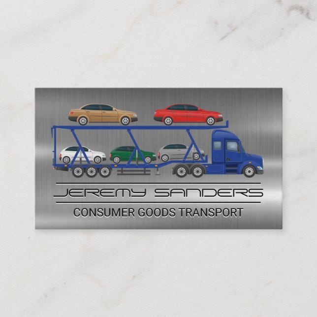 Semi Truck Transporting Cars | Metal Business Card (Front)