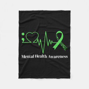 Semicolon Heart Beat Green Ribbon Mental Health Fleece Blanket