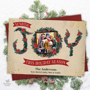 Sending Christmas Joy Poinsettia Wreath Photo Card