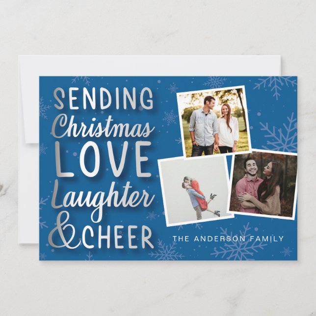 Sending Christmas Love Blue and Silver Holiday Card (Front)