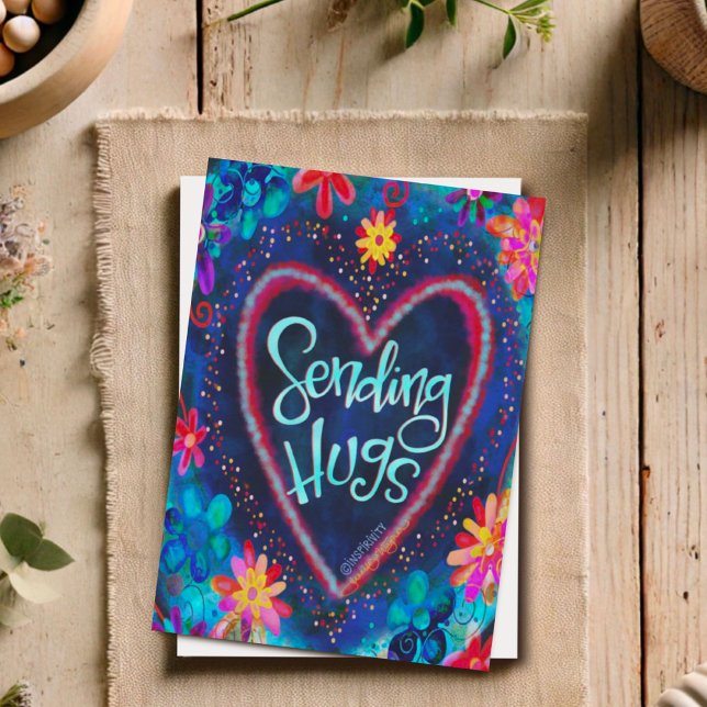 Sending Hugs Blue Heart Pretty Floral Inspirivity Card (Creator Uploaded)