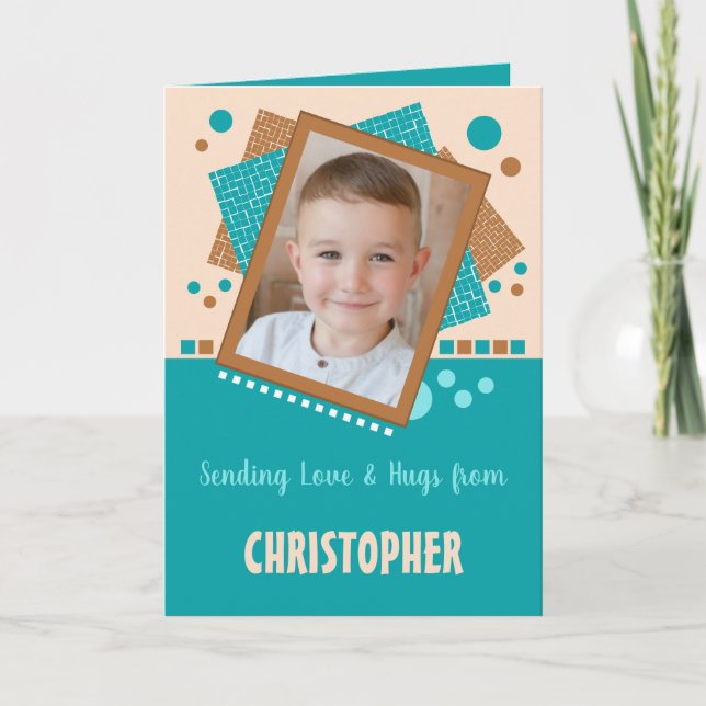 Sending love and hugs turquoise brown photo card (Front)