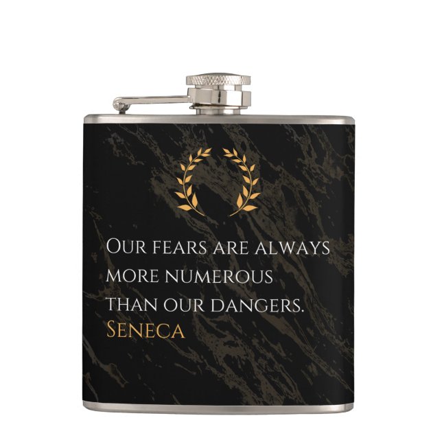 Seneca's Insight: Fears Compared to Real Dangers Hip Flask (Front)