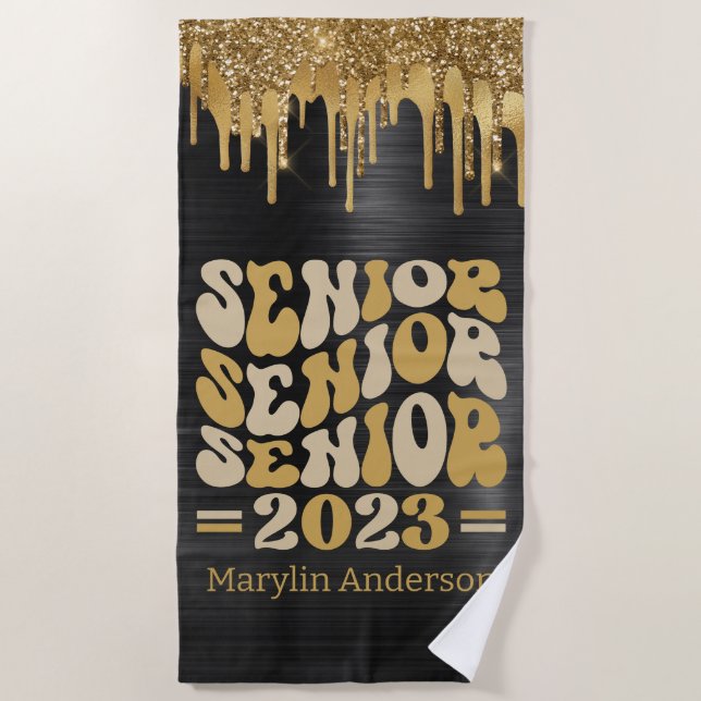 SENIOR 2023 BLACK & GOLD GLITTER DRIP CUSTOM BEACH TOWEL (Front)