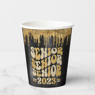 SENIOR 2023 BLACK & GOLD GLITTER DRIP CUSTOM PAPER CUPS