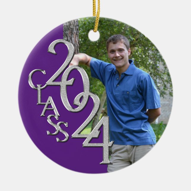 Senior 2024 Purple and Silver Graduate Photo Ceramic Tree Decoration (Front)