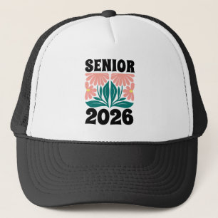 Senior 2026 Custom Retro Groovy Flowers Graduation Trucker Hat