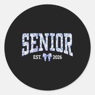 Senior 2026 Graduation Cl Coquette Bow Blue Toile Classic Round Sticker