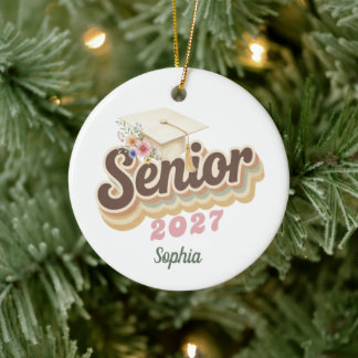 Senior 2027 Earthtones Floral Graduation Cap Ceramic Tree Decoration