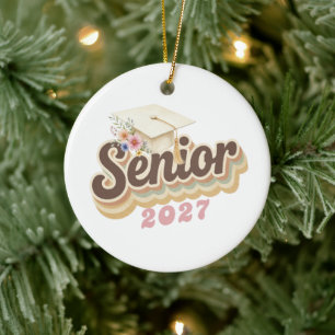 Senior 2027 Earthtones Floral Graduation Cap Ceramic Tree Decoration