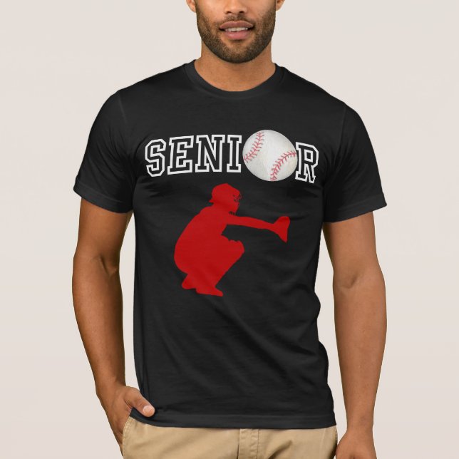 Senior Baseball Catcher Player Red Silhouette T-Shirt (Front)
