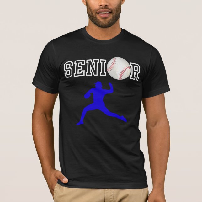 Senior Baseball Pitcher Player Blue Silhouette T-Shirt (Front)