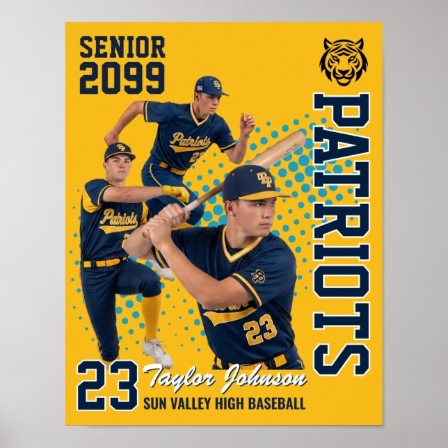 Senior Baseball Player Custom Photo Collage Yellow Poster (Front)