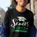 Senior class of 2022 graduation year name T-Shirt<br><div class="desc">Celebrate your senior and graduation year with this modern t-shirt featuring a contemporary "Senior 2023" typography in white and green decorated with a black graduate cap with a green tassel; easily customise this t-shirt with your graduation year and name by editing the template fields. This t-shirt is part of our...</div>