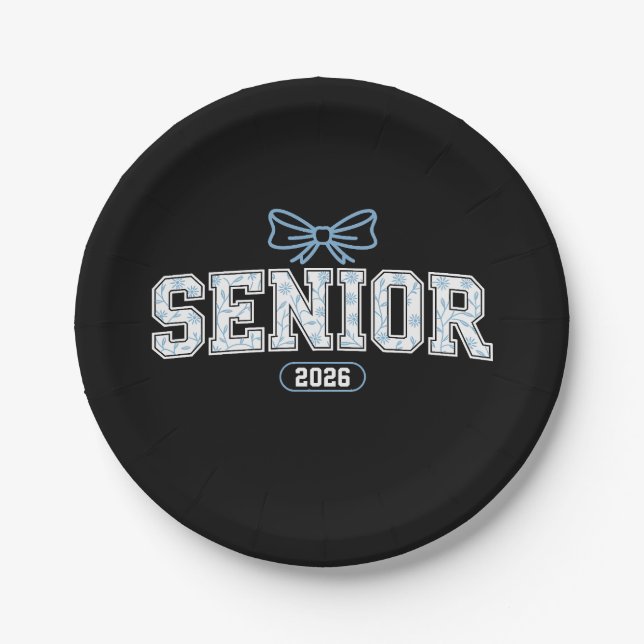 Senior Class Of 2026 Graduation Blue Floral Bow Paper Plate (Front)