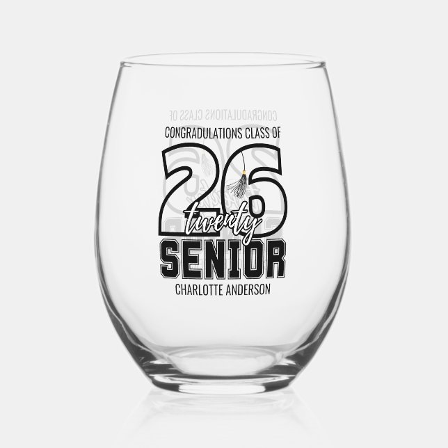 Senior Class of 2026 Graduation Tassel  Stemless Wine Glass (Front)