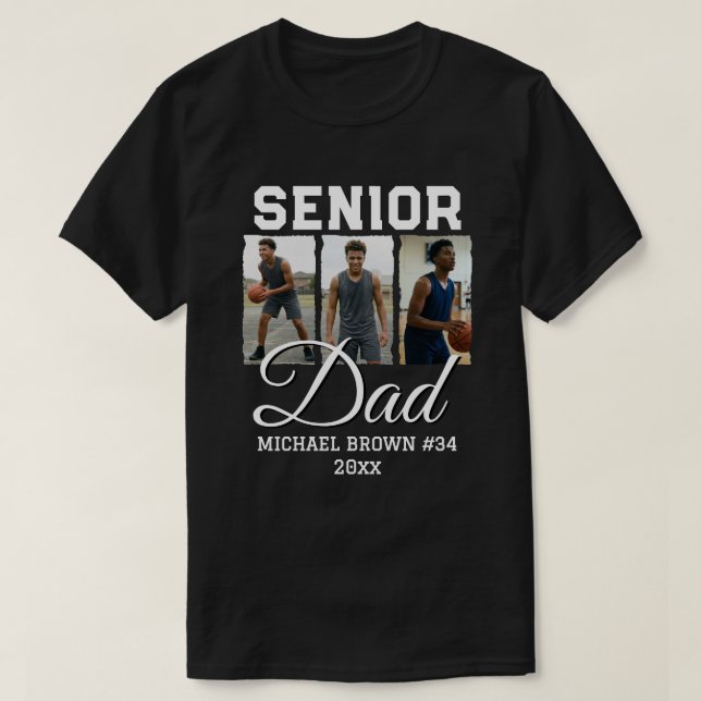 Senior Dad Basketball Photo Collage Custom Name T-Shirt (Design Front)