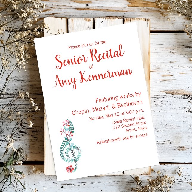 Senior Music Recital Invitation (Custom senior recital invitation with a watercolor floral treble clef.)